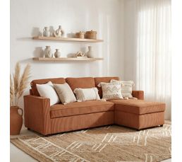 Canapé d'angle convertible méridienne réversible OZ velours côtelé terracotta